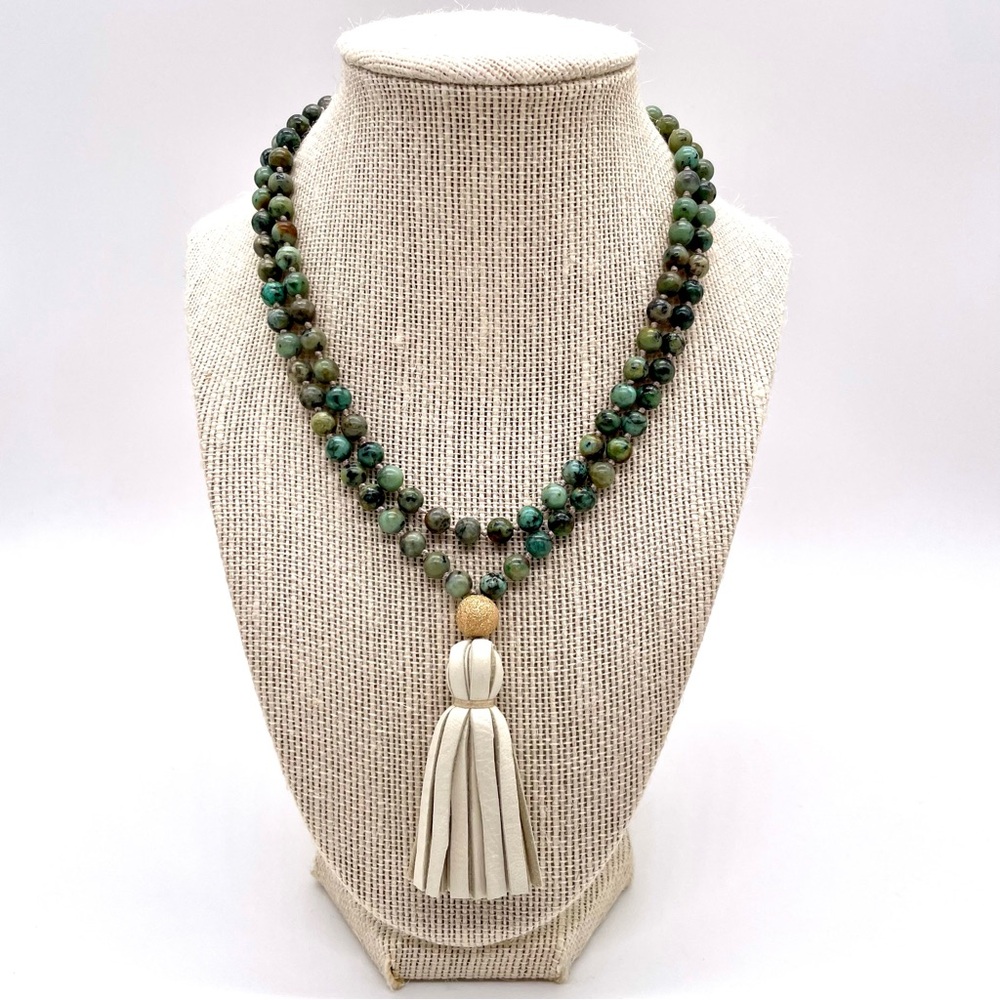 Gold & Gray African Turquoise & Leather Tassel Necklace